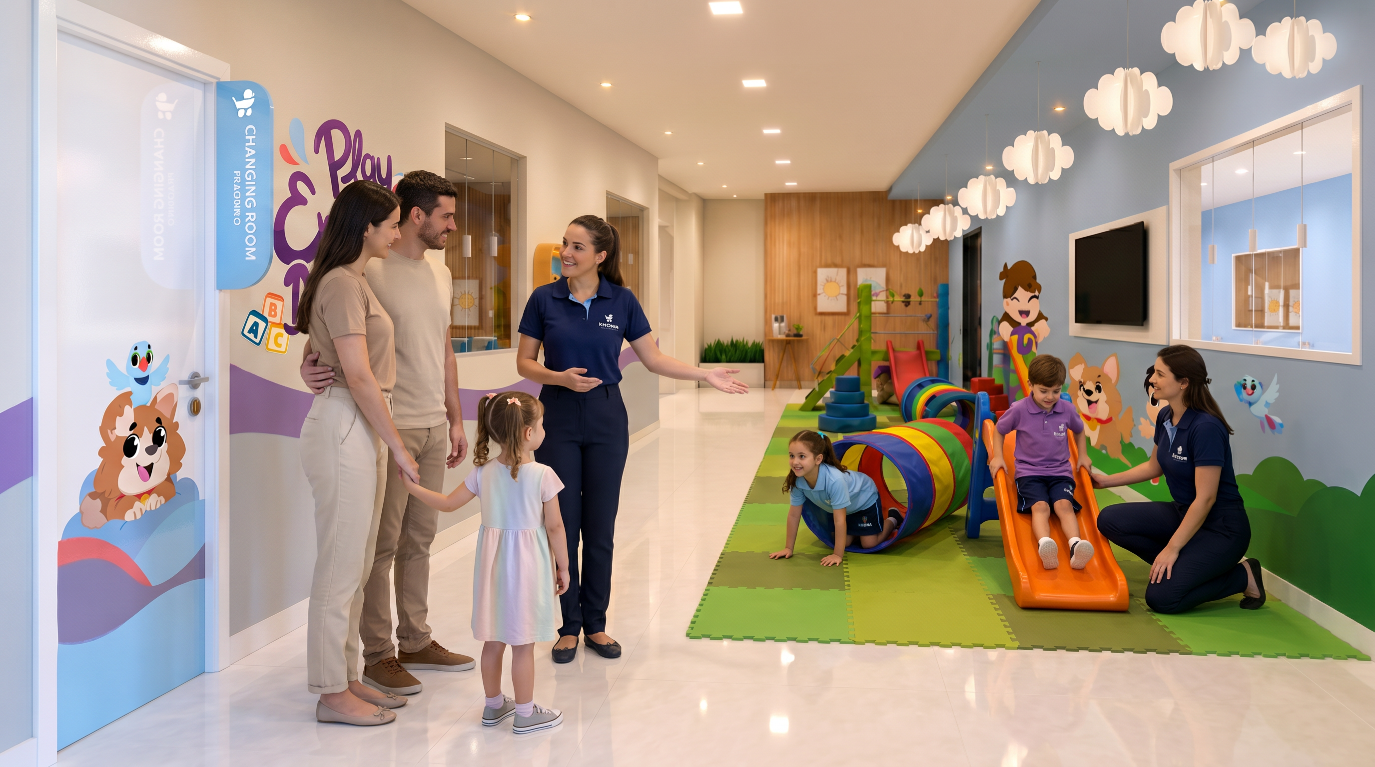 Família conhecendo os espaços da Knowa com a equipe e as crianças