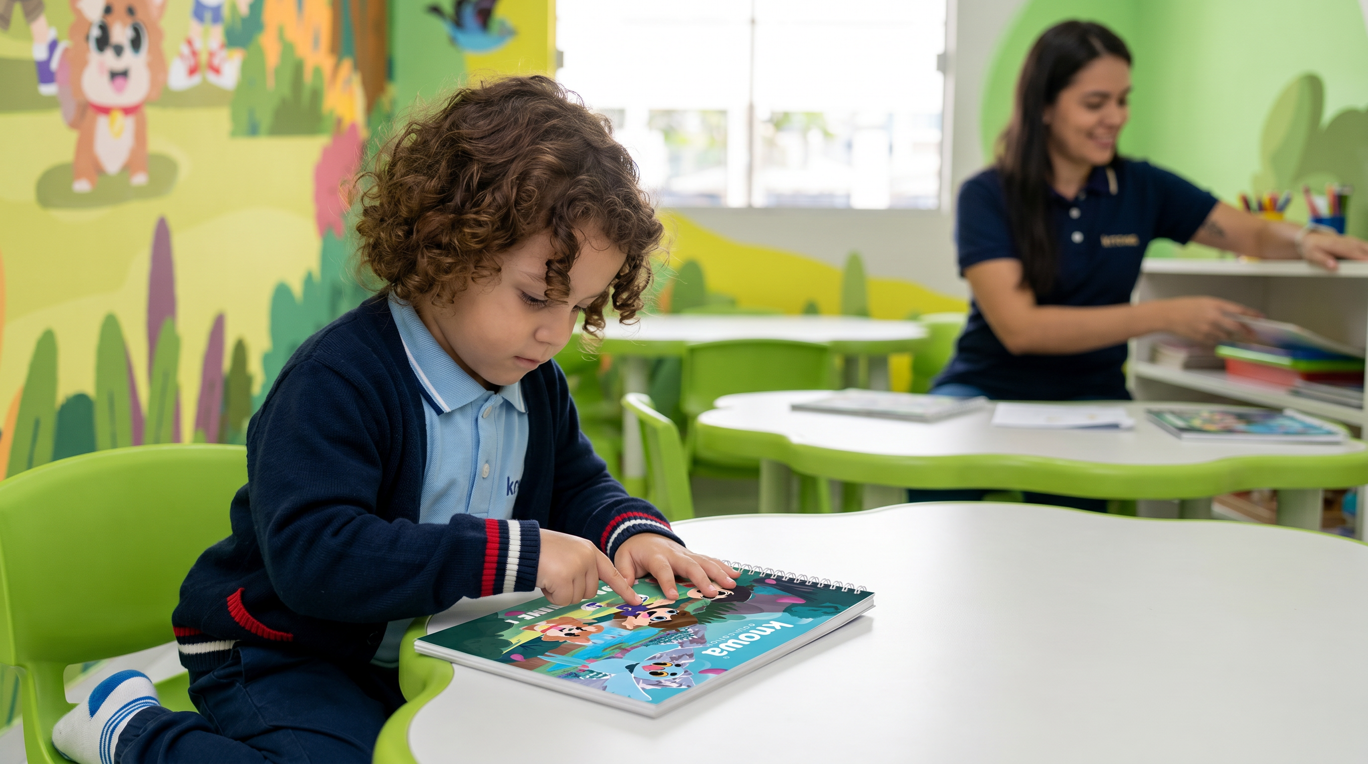 Menino concentrado explorando material pedagógico da Knowa em sala de aula